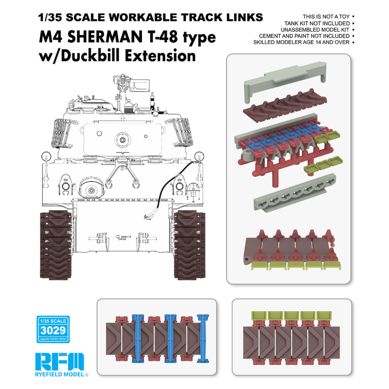 Pistas funcionais tipo T-48 para M4 Sherman com extensão "duckbill" (plástico). Pistas funcionais tipo T-48 para M4 Sherman com extensão "duckbill" (plástico).