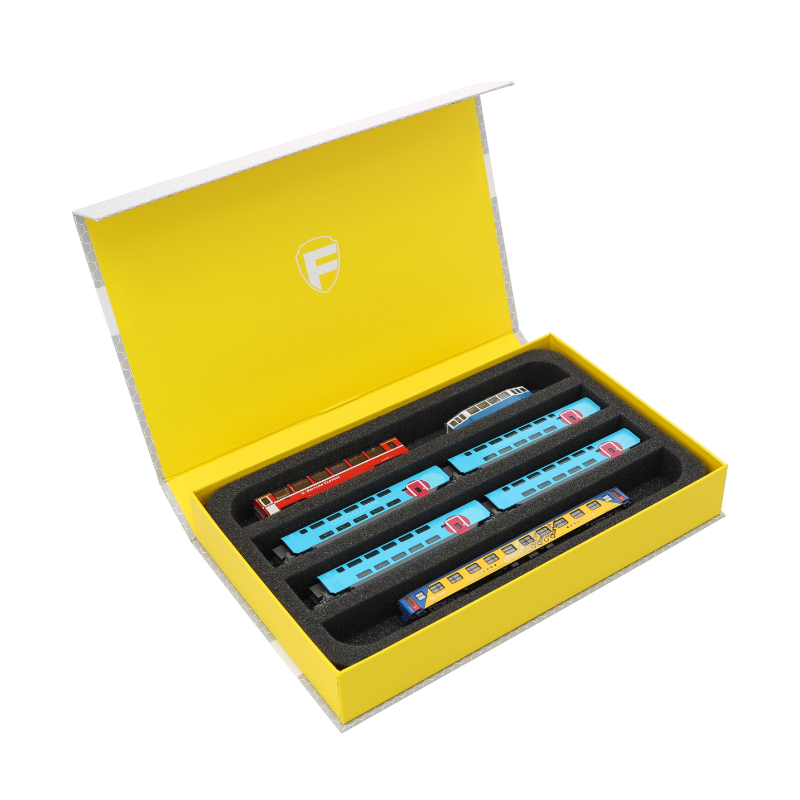 Caixa magnética amarela para locomotivas à escala N (4 compartimentos) na horizontal.