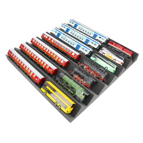 Bandeja de espuma de 500 x 500 x 55 mm, personalizável com padrão em ziguezague, para trens em escala H0 / 00.