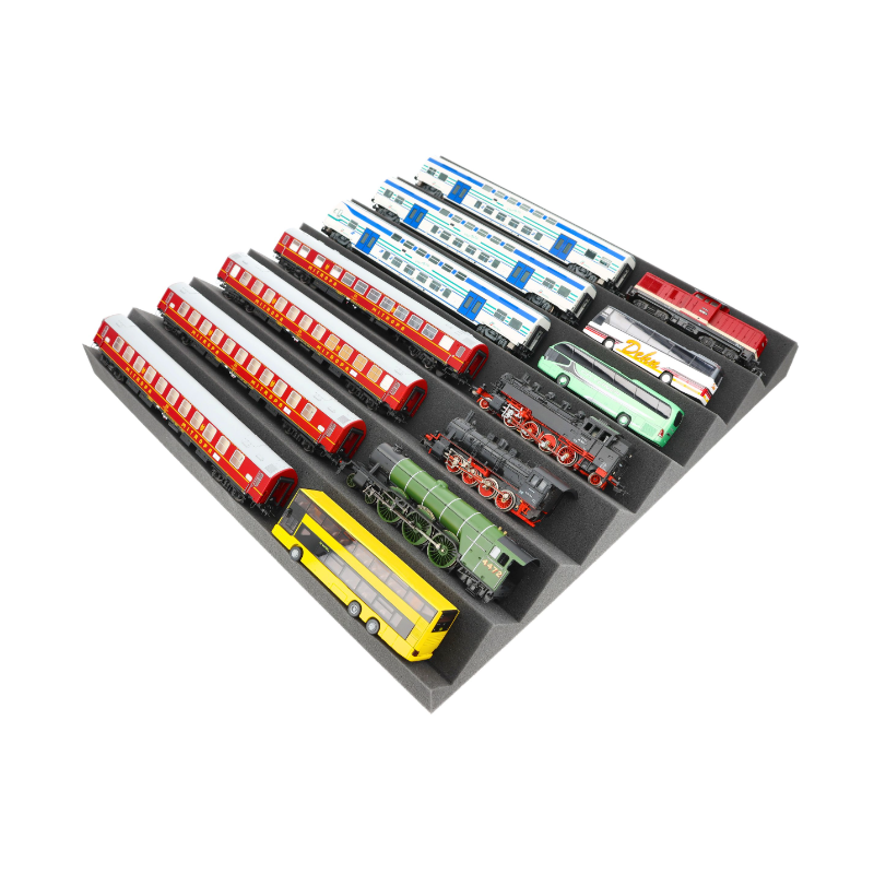 Bandeja de espuma de 500 x 500 x 55 mm, personalizável com padrão em ziguezague, para trens em escala H0 / 00.