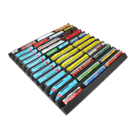 Bandeja de espuma de 500 x 500 x 30 mm, personalizável com padrão em ziguezague, para trens em escala N.