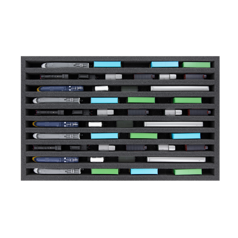 Inserção de espuma para a posição vertical dos comboios à escala N (10 compartimentos).