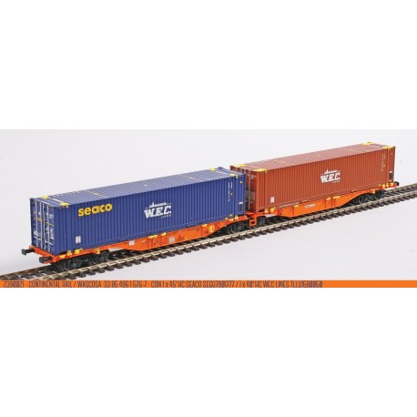 Wagon Sggmrss Contineltal Rail/Wascosa, avec des conteneurs « WEC Lines ».
