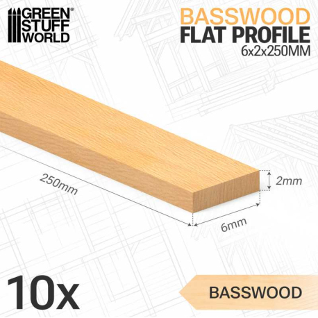 Basswood flat profile - 6x250mm (x10).