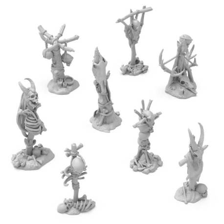 Totens sinistros com crânios.