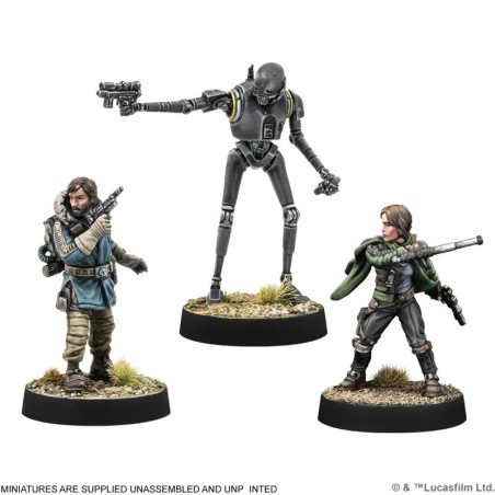 SW Legion: Cassian Andor, Jyn Erso y K-2SO.