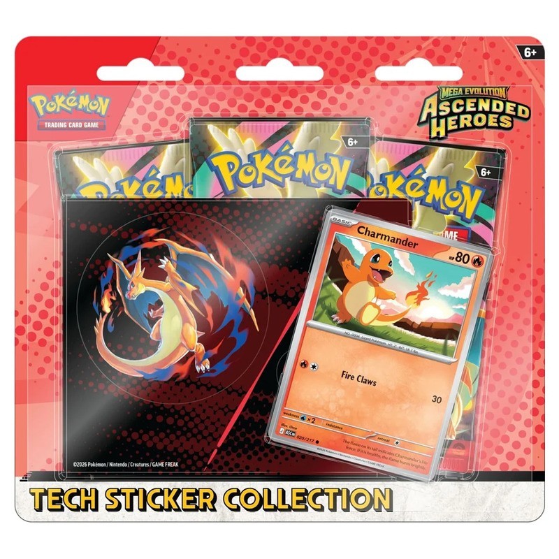 Pokémon: Aufsteigende Helden. Sammlung mit Glurak-Aufklebern.