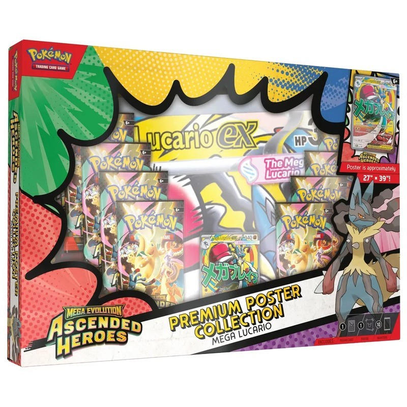 Pokémon: Aufsteigende Helden. Sammlung mit Mega Lucario-Poster. Spanisch.
