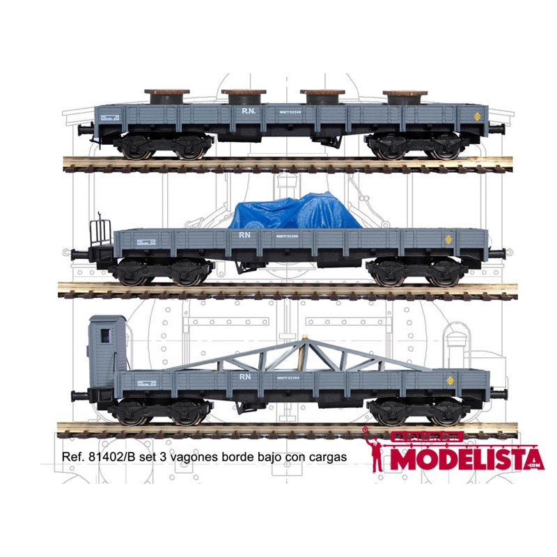 Set 3 vagones borde bajo MM, RENFE. Carga. MABAR 81402B Set 3 vagones borde bajo MM, RENFE. Carga. MABAR 81402B