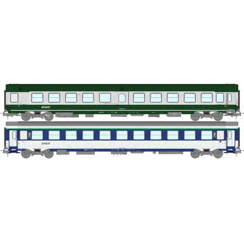 Gruppo di 2 carrozze: Ambulanza SO e Corail VU (B10c10x), SNCF.