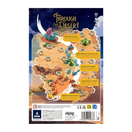 Image of the back of the Through the Desert board game box with technical information.