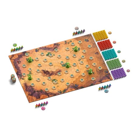 Image of the game board and components of the board game Through the Desert.