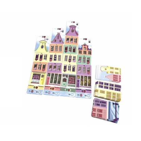 Image of the components of the board game Canal Houses.