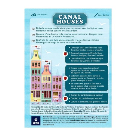 Back of the box image of the board game Canal Houses with game information.