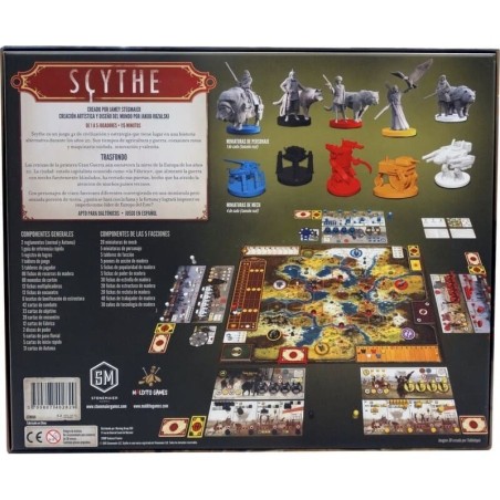 Image of the back of the Scythe board game box with relevant information