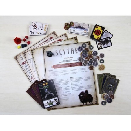 Images of the rulebooks and components of the board game Scythe