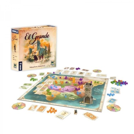 Image of the box and components of the board game El Grande.