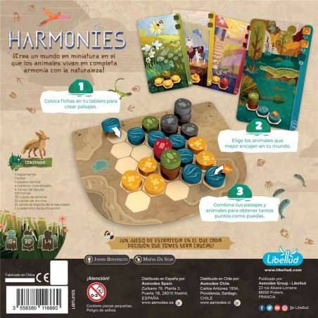 Harmonies board game box back.