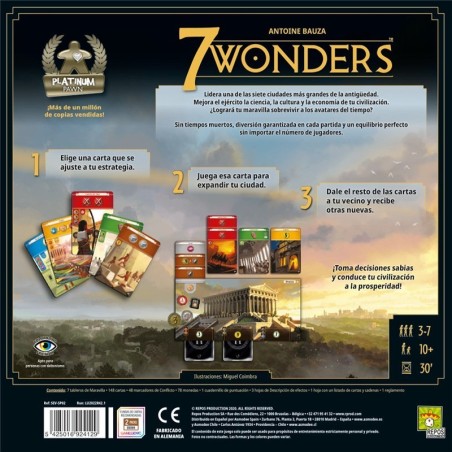 Back image of the 7 Wonders card game with relevant information.