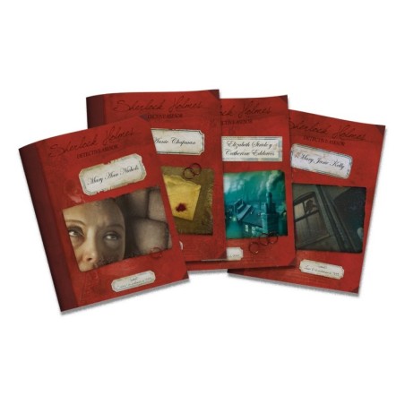 Image of the components of the investigation game Sherlock Holmes Consulting Detective: Jack the Ripper & West End Adventures.