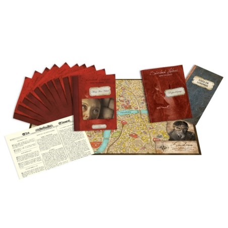 Image of the components of the investigation game Sherlock Holmes Consulting Detective: Jack the Ripper & West End Adventures