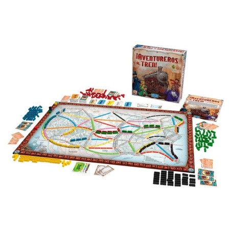 Image of the box and components of the family game Ticket to Ride.