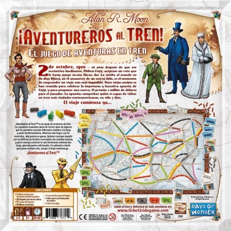Image of the back of the family game Ticket to Ride box with relevant information.