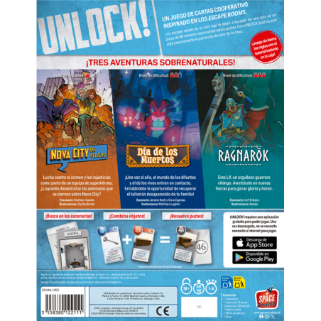 Back image of the Escape Room: Supernatural Adventures game with relevant information.