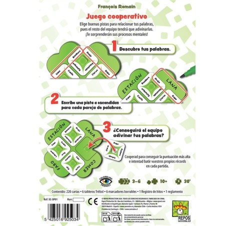 Trasera de la caja del juego cooperativo de palabras so clover de asmodee Trasera de la caja del juego cooperativo de palabras so clover de asmodee
