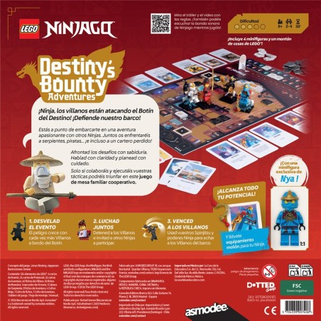 Back of the box of the cooperative adventure game Ninjago: Destiny's Bounty Adventures by Asmodee.
