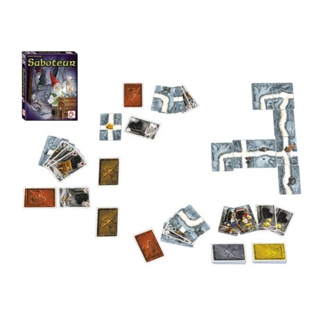 Components of the hidden roles card game Saboteur by Mercurio.