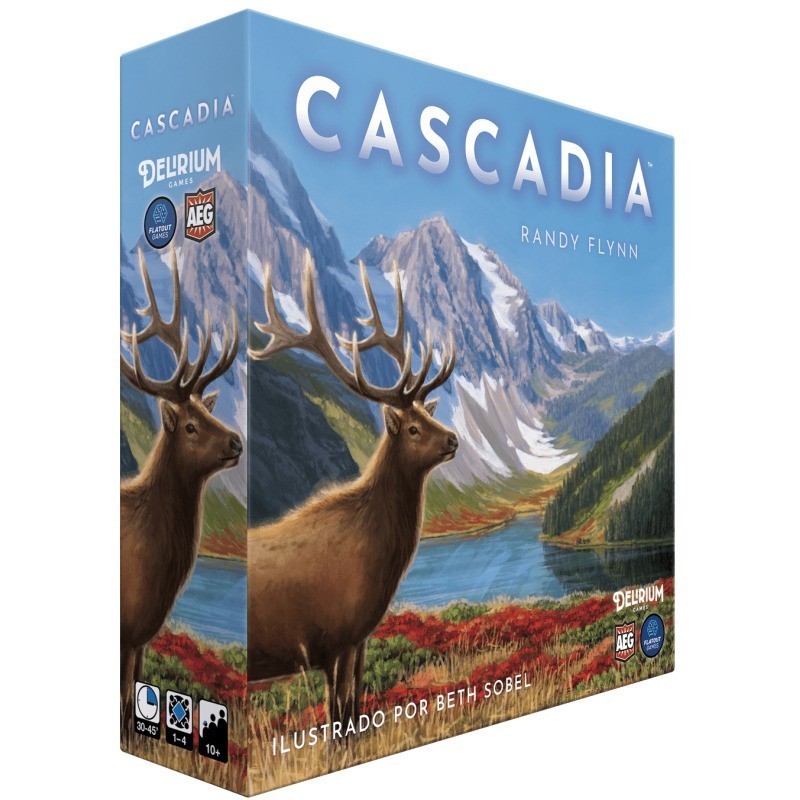Box of the Cascadia abstract tile-placement board game by Delirium Games.