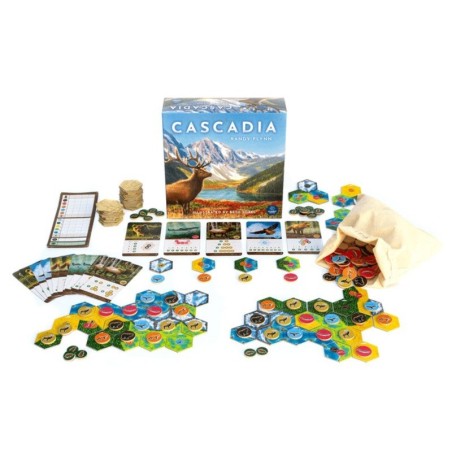 Components of the Cascadia abstract tile-placement board game by Delirium Games.