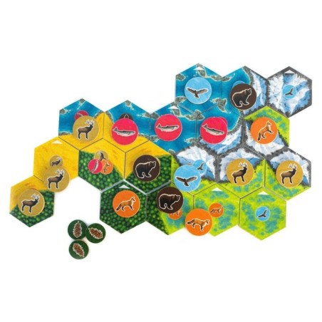Components of the Cascadia abstract tile-placement board game by Delirium Games.