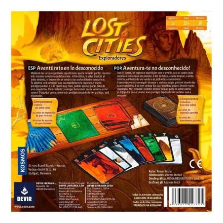 Back of the box of the Lost Cities two-player board game by Devir.