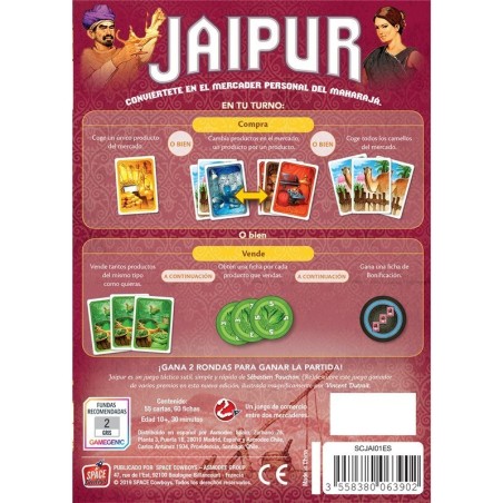 trasera de la caja del juego de mesa de dos jugadores jaipur de space cowboys.