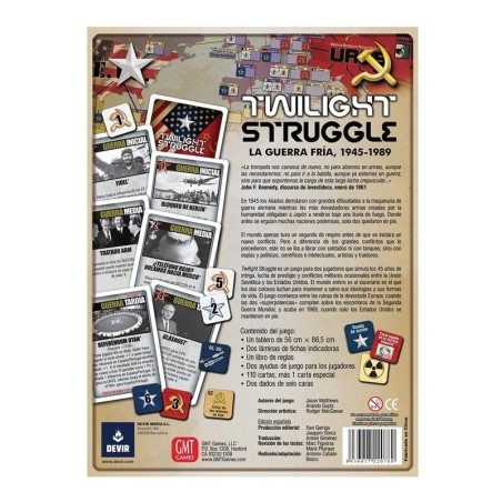 trasera de la caja del juego de mesa de dos jugadores twilight struggle de devir