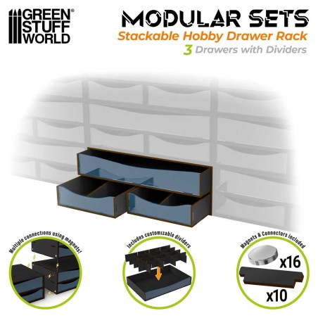 Stackable Hobby Drawer Rack with 3 horizontal drawers and dividers - Black.