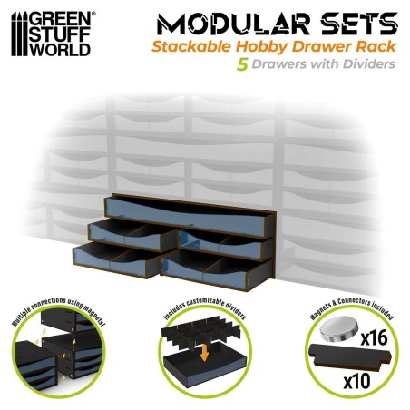 Stackable Hobby Drawer Rack with 5 horizontal drawers and dividers - Black.