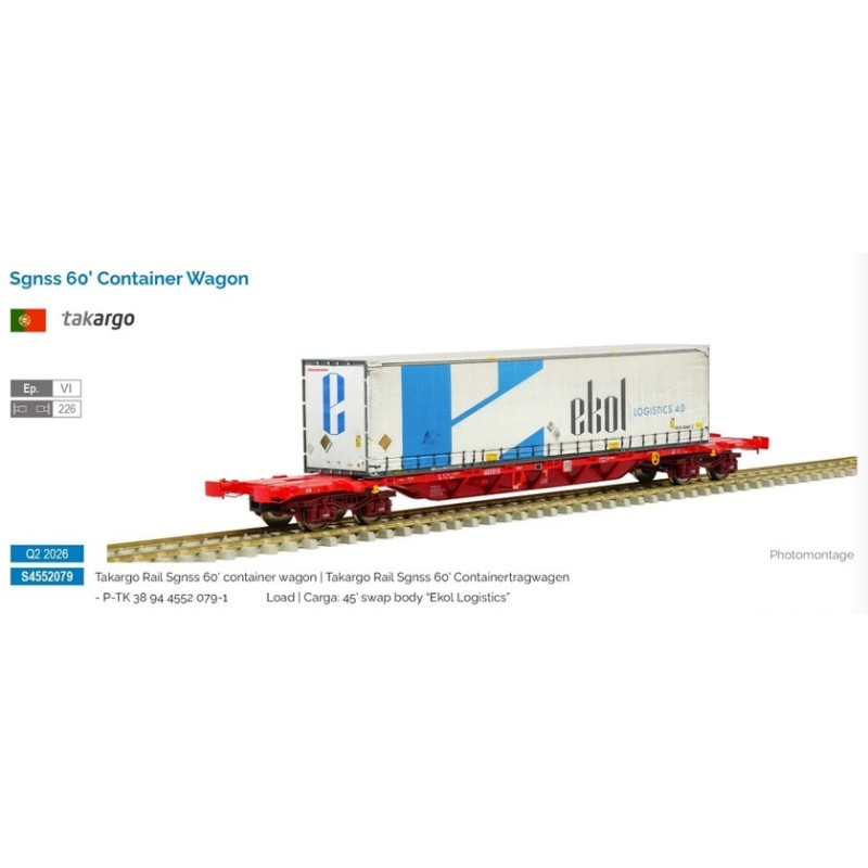 Sgnss 60' flat wagon with Ekol container, Takargo.