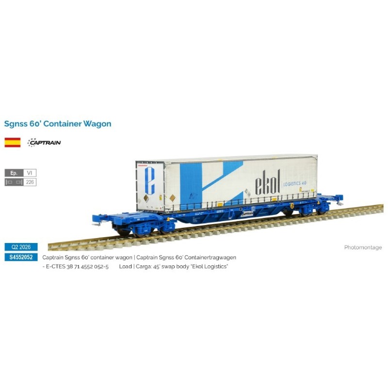 Sgnss 60' flat wagon with Ekol container, Captrain.