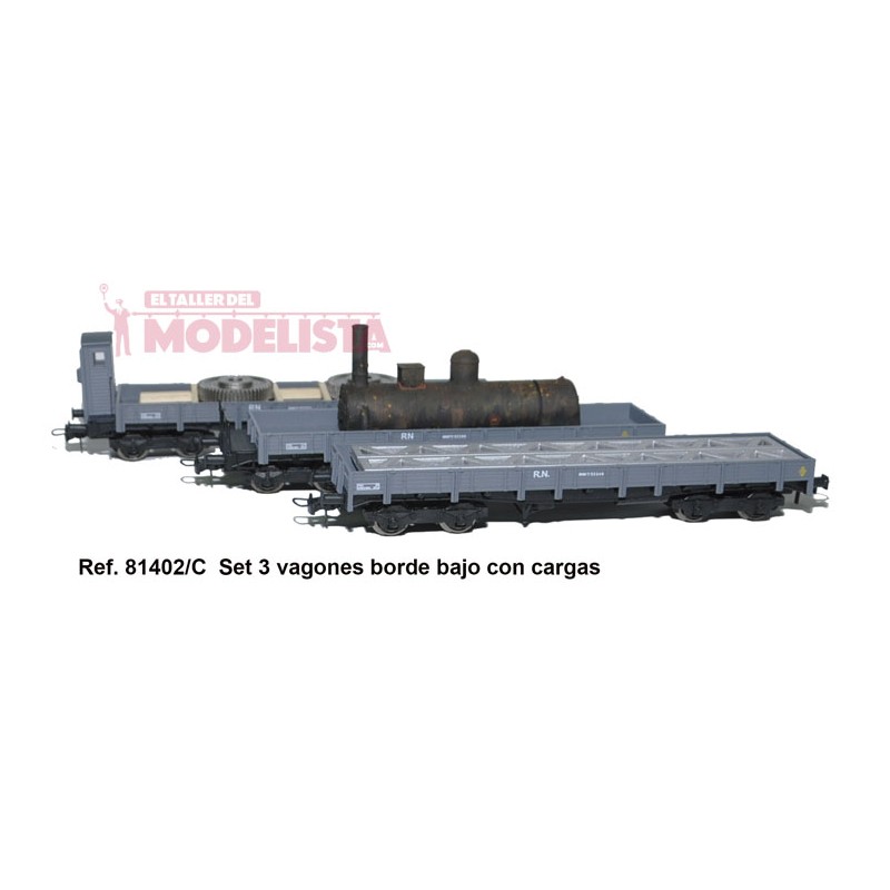 Set 3 vagones borde bajo MM, RENFE. Carga. MABAR 81402C Set 3 vagones borde bajo MM, RENFE. Carga. MABAR 81402C