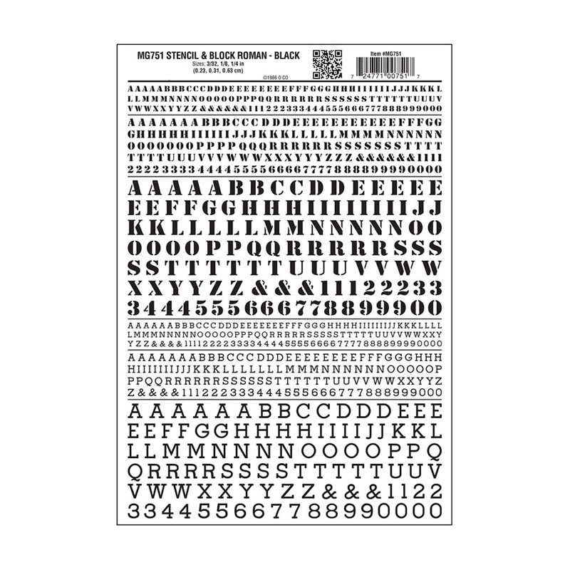Transfers: Stencil y Block Roman, black. WOODLAND MG751