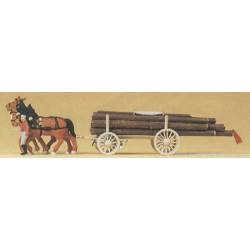 Carrozza trainata da cavalli carica di tronchi.
