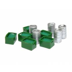 Beer kegs and bottle boxes. 