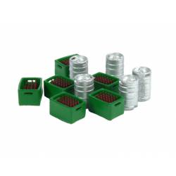 Beer kegs and bottle boxes. 