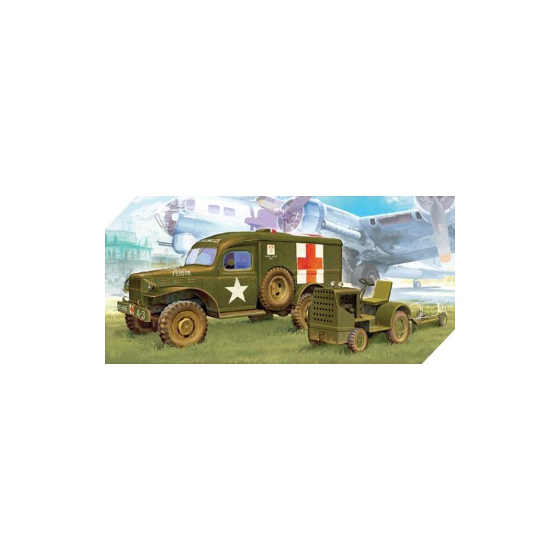 Ambulancia y tractor con remolque.