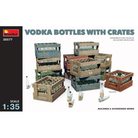 Botellas de vodka y cajas.