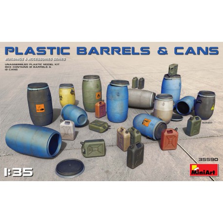 Plastic barrels and cans.