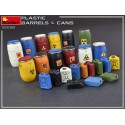 Plastic barrels and cans.